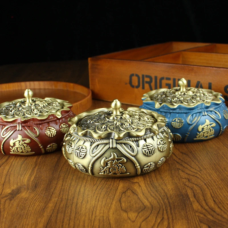 纯黄铜烟灰缸家用客厅中式时尚带盖防风烟缸创意大号烟缸摆件礼品