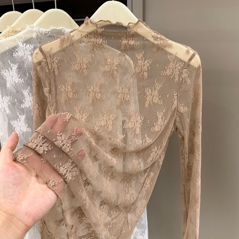 半高领软糯蕾丝内搭小衫女春季爆款木耳边洋气镂空打底衫网纱上衣