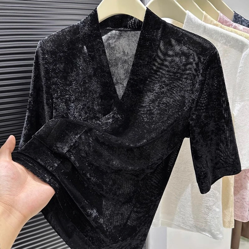 高级感黑色V领金丝绒中袖正肩t恤女夏季低胸露锁骨薄款打底衫上衣
