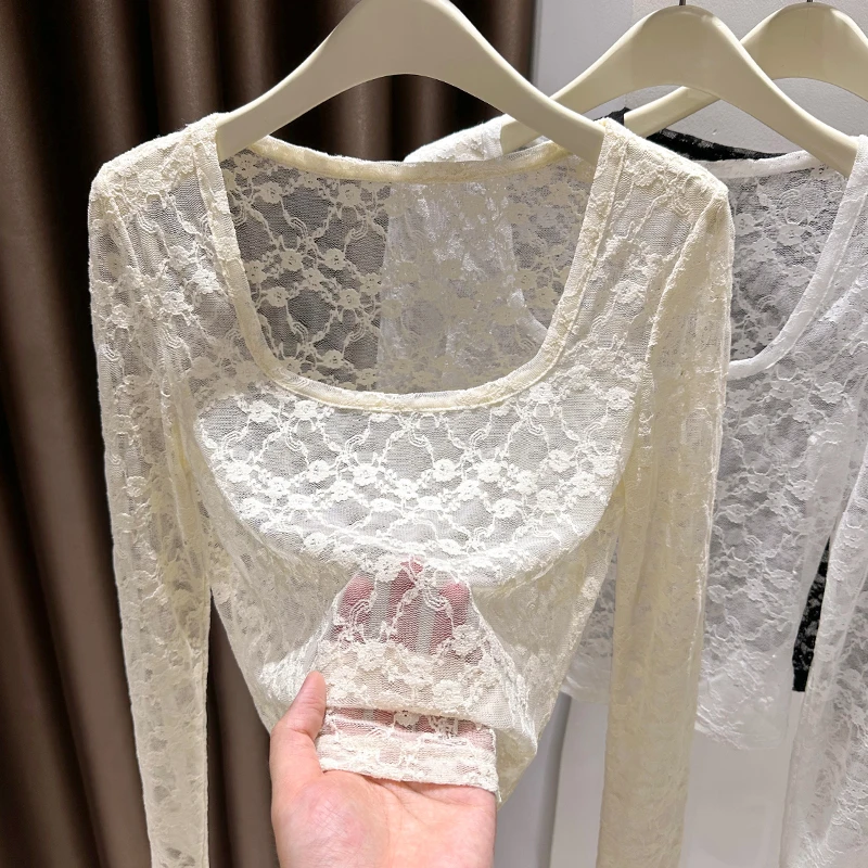 杏色蕾丝打底衫女纯欲提花镂空大u领超薄纱t内搭西装独特漂亮小衫