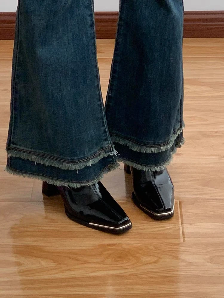 肯豆同款金属头短靴女粗跟漆皮马丁靴aw高跟鞋侧拉链短筒瘦瘦靴冬