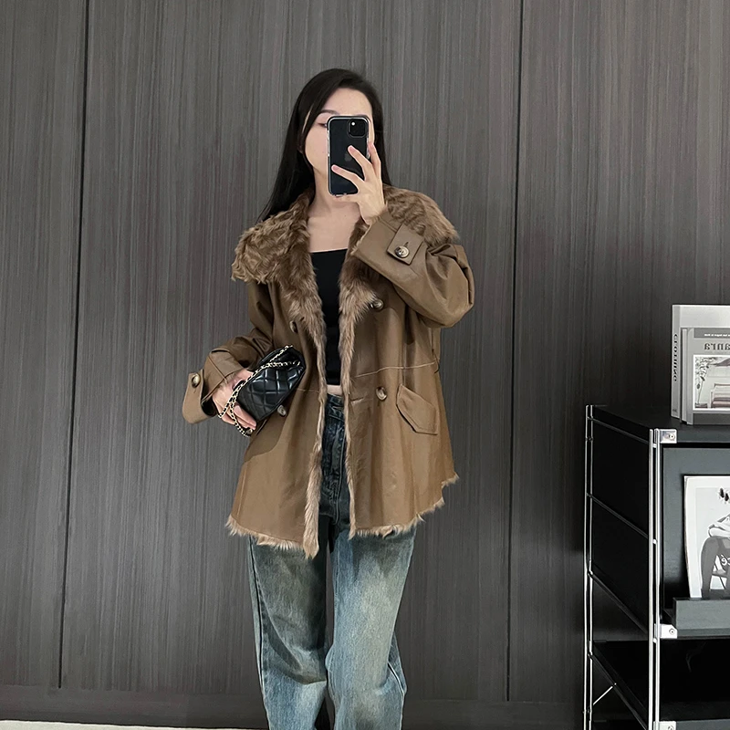 轻柔小湖羊皮毛一体外套女气质双排扣海宁皮草大衣中长款2024新款