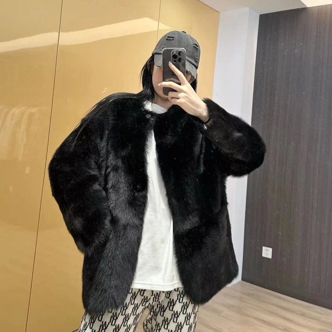 黑天鹅托斯卡纳海宁皮草外套女圆领皮毛一体设计师短款时尚秋冬