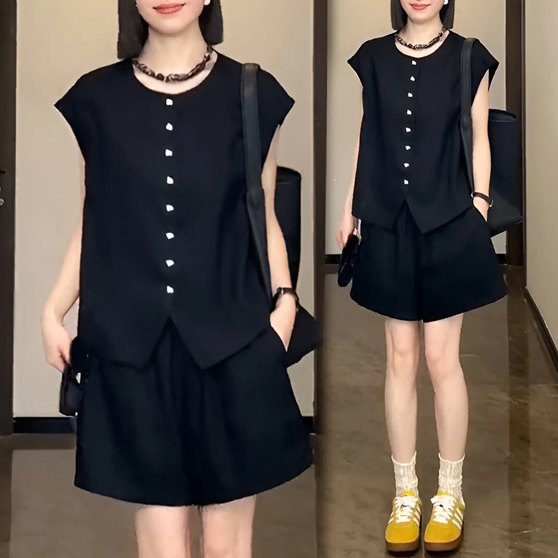 欧货时尚气质马甲高腰短裤套装女夏季2024新款冷淡系高级感两件套