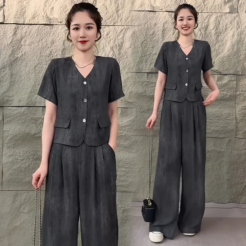 欧货V领气质洋气上衣+阔腿裤显瘦女新中国风紫色上衣阔腿裤套装