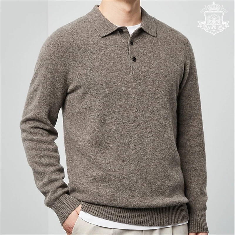 澳洲美丽诺羊毛衫Hawkdk翻领商务休闲纯色冬季内外穿长袖纯羊毛衣
