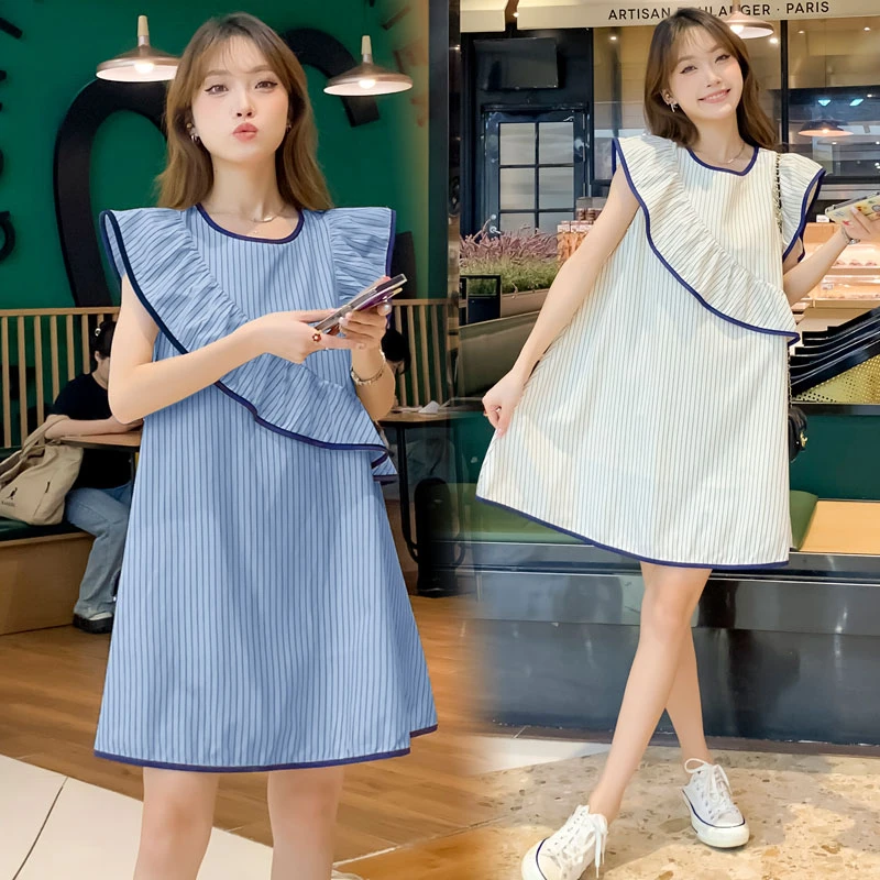 小个子孕妇装荷叶边小飞袖A字裙夏季新款宽松显瘦设计感连衣裙子