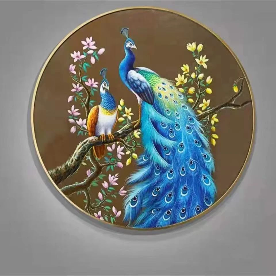 【孔雀情】新款圆形中大格满绣无勾边小件卧室客厅简单棉线十字绣