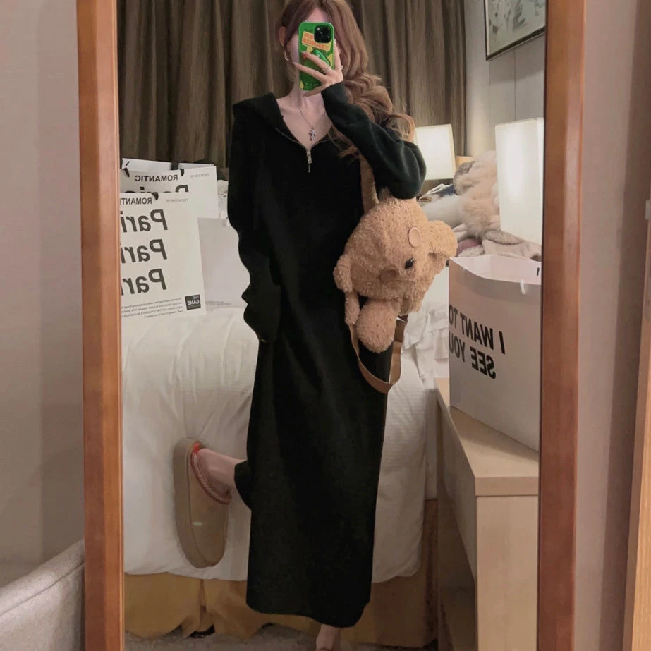 秋冬慵懒风连帽半拉链针织连衣裙长袖过膝裙子韩系宽松简约长裙