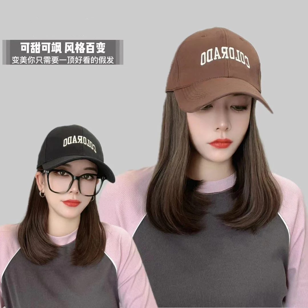 韩系简约COL字母标鸭舌帽气质内扣帽子假发帽假发女戴帽全头女款