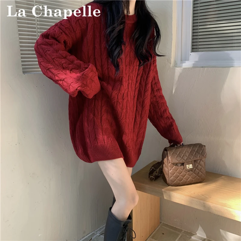 拉夏贝尔秋冬加厚麻花针织毛衣女复古红色宽松圆领中长款慵懒上衣
