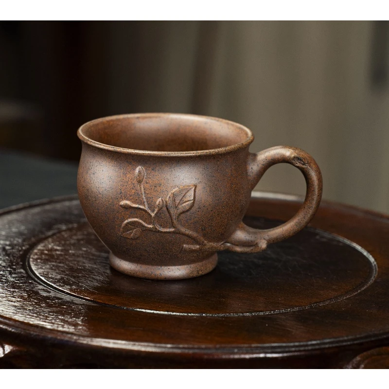 5909宜兴紫砂原矿龙骨金沙手工雕塑陶瓷天青全手工家用手把杯GQF