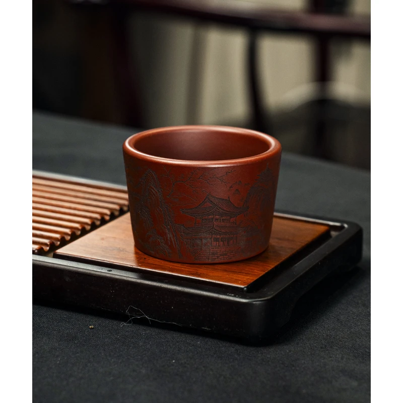 6204宜兴紫砂原矿大红袍手工雕刻山水主人杯ZYL