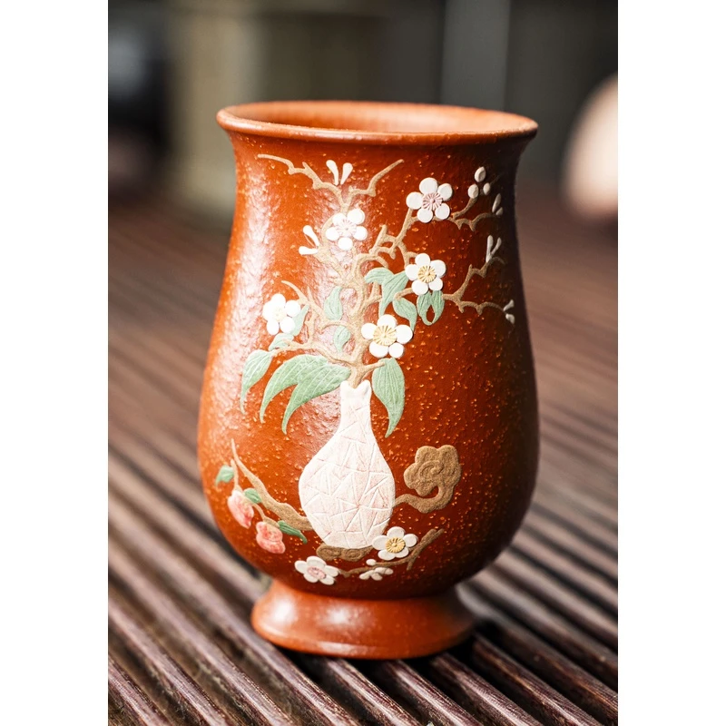 5149宜兴紫砂原矿降坡泥手工堆绘花瓶主人杯YS