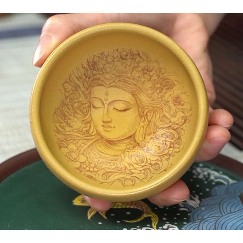 4121宜兴紫砂原矿黄金段手工雕刻人物陶瓷普尔杯付仕文