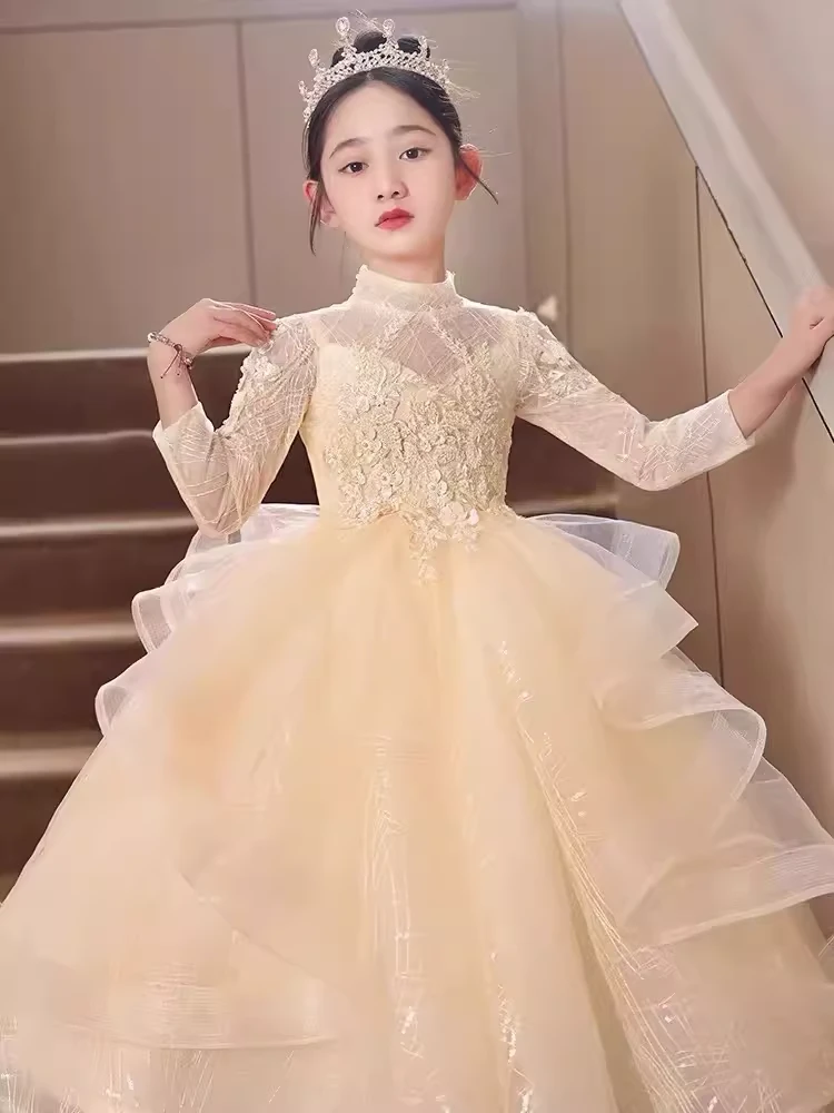 双11炸 高定香槟色闪亮儿童晚礼服春晚主持人钢琴生日表演礼服裙