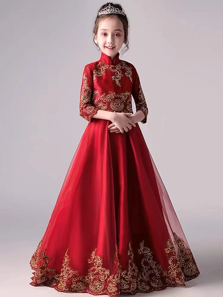 清货福利 儿童公主晚礼服 红色立领长款中国风古筝民乐礼服