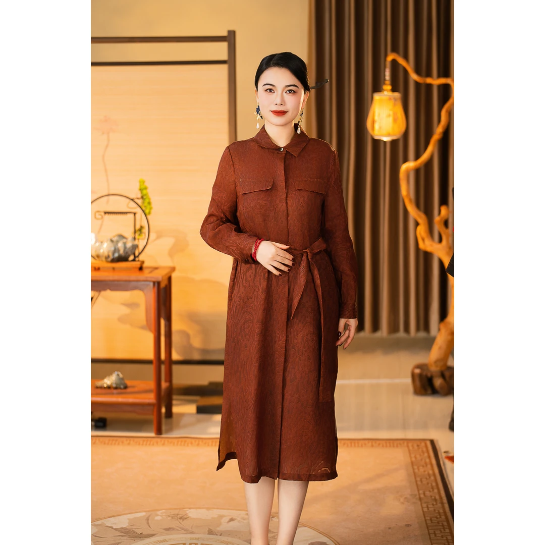 中国风高端大气中式风衣桑蚕丝气质香云纱薄风衣外套中长款22192