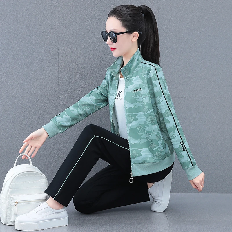 运动套装女春秋2024新款宽松洋气显瘦时髦花色立领休闲跑步三件套