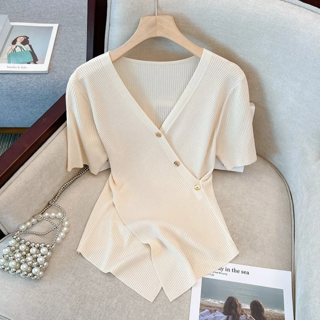 纯欲风短袖冰丝针织衫女2024夏季新款洋气内搭打底衫上衣