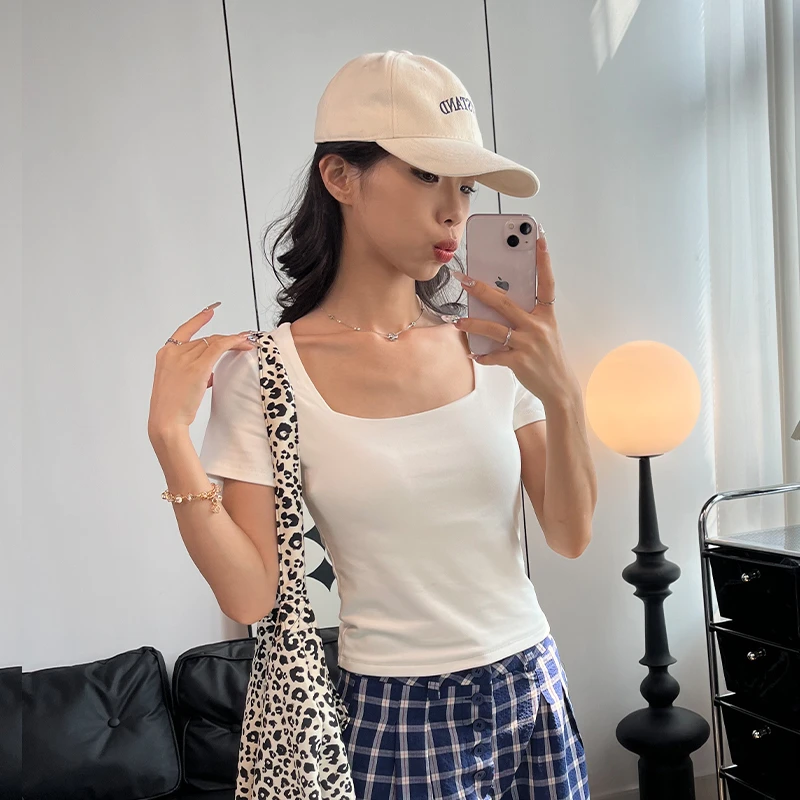 短袖T恤女2025夏季白色方领辣妹时尚性感百搭修身显瘦上衣打底衫