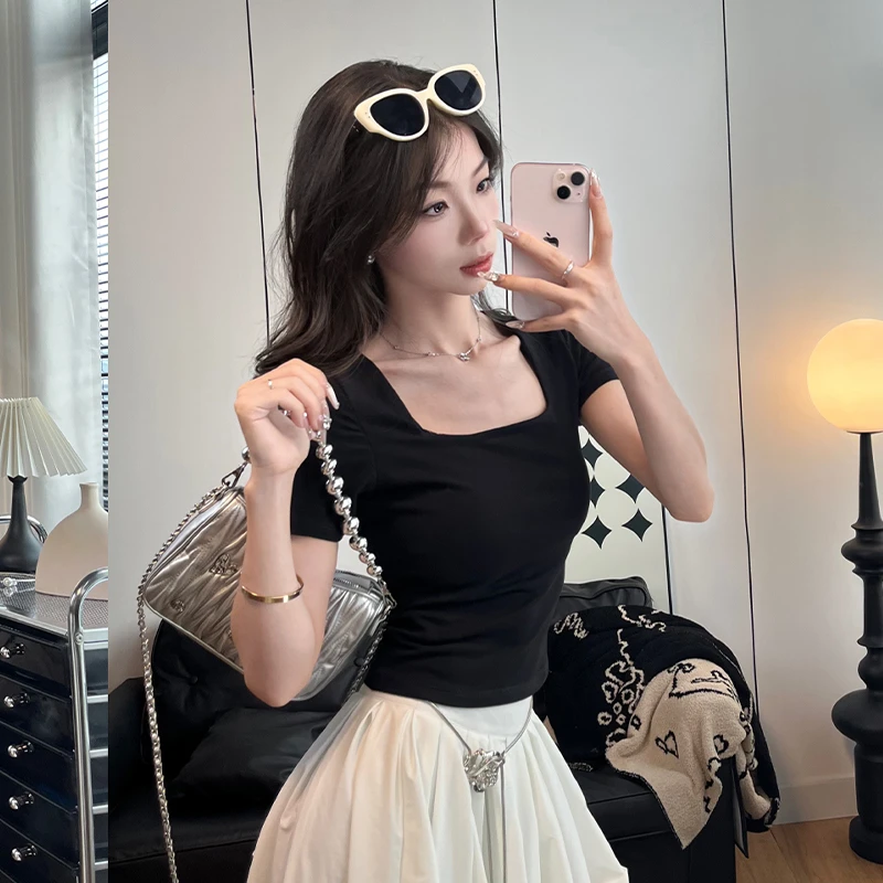 短袖T恤女2025夏季黑色方领韩版时髦舒适百搭修身显瘦上衣打底衫