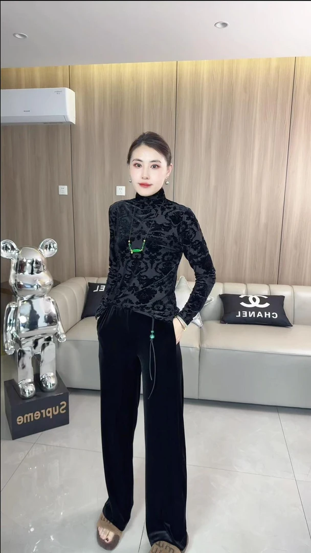 2024秋冬新款国风新中式丝绒长裤显瘦显气质贵气女裤