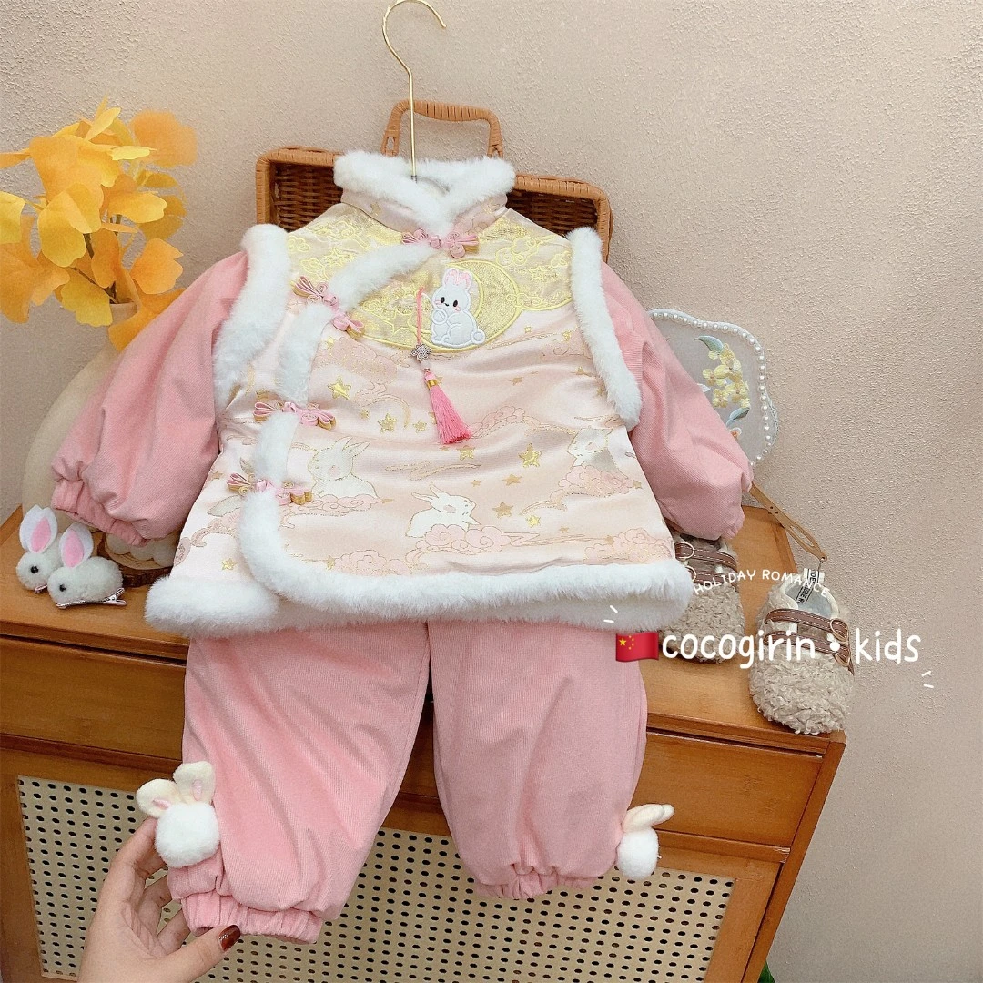 唐装女童2022加厚中国风保暖娃娃女宝宝拜年服小兔刺绣套装22756