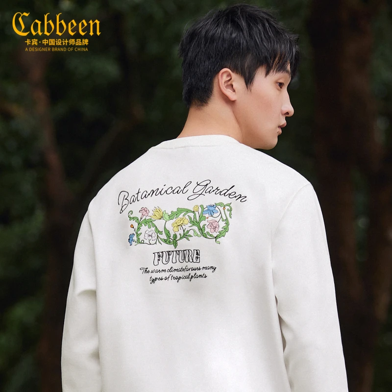 CABBEEN卡宾男装花卉印花卫衣2023春字母刺绣圆领上衣3231164026