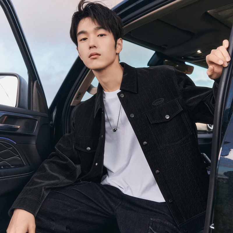 【千鸟格雾面】PU夹克秋新款LOGO宽松外套满身压花H 3233138008