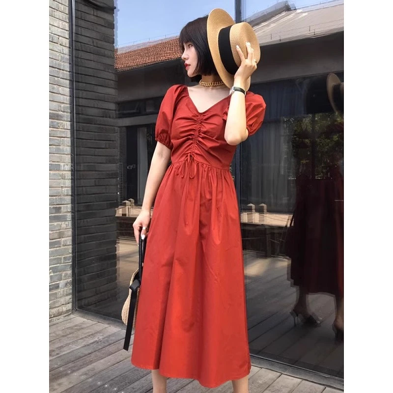 高级感泡泡袖连衣裙女士长裙新款夏季收腰敬酒服气质法式长款裙子