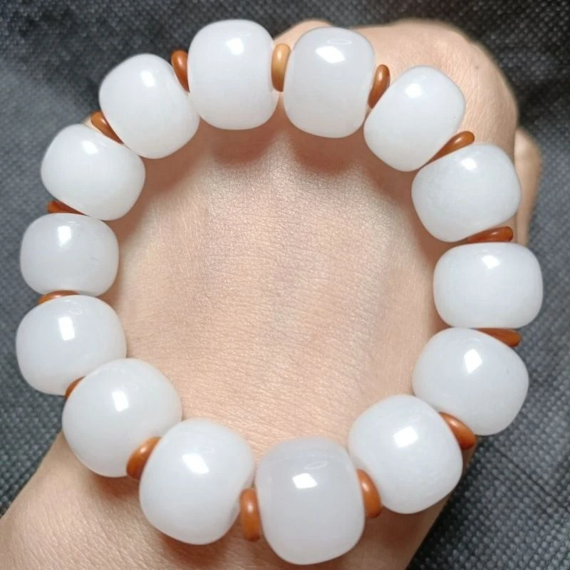 新疆金丝玉昆仑老型珠玉石手串单圈款玉手链佛珠时尚情侣白色