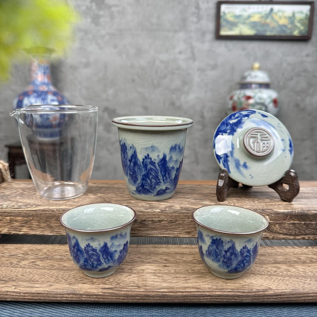 景德镇茶具套装青花山水旅行茶具套装户外便携包露营旅行茶具套装