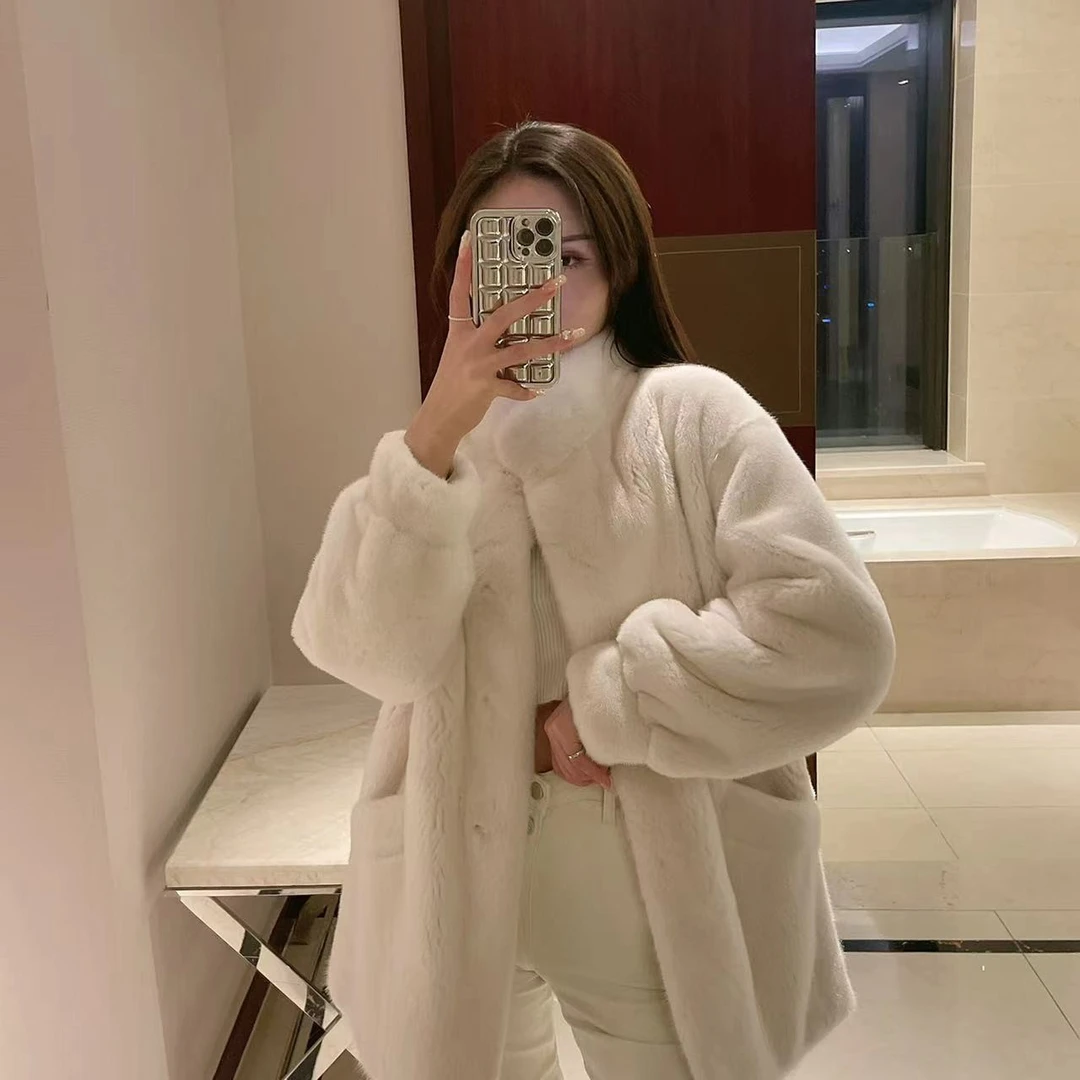 【豆萌】21185-2水貂皮草外套女 海宁貂皮大衣女外套中长款气质