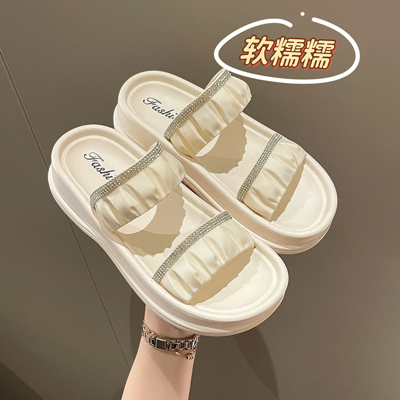 C705水钻双带松糕厚底拖鞋女夏外穿2024新款仙女风一字凉拖鞋女