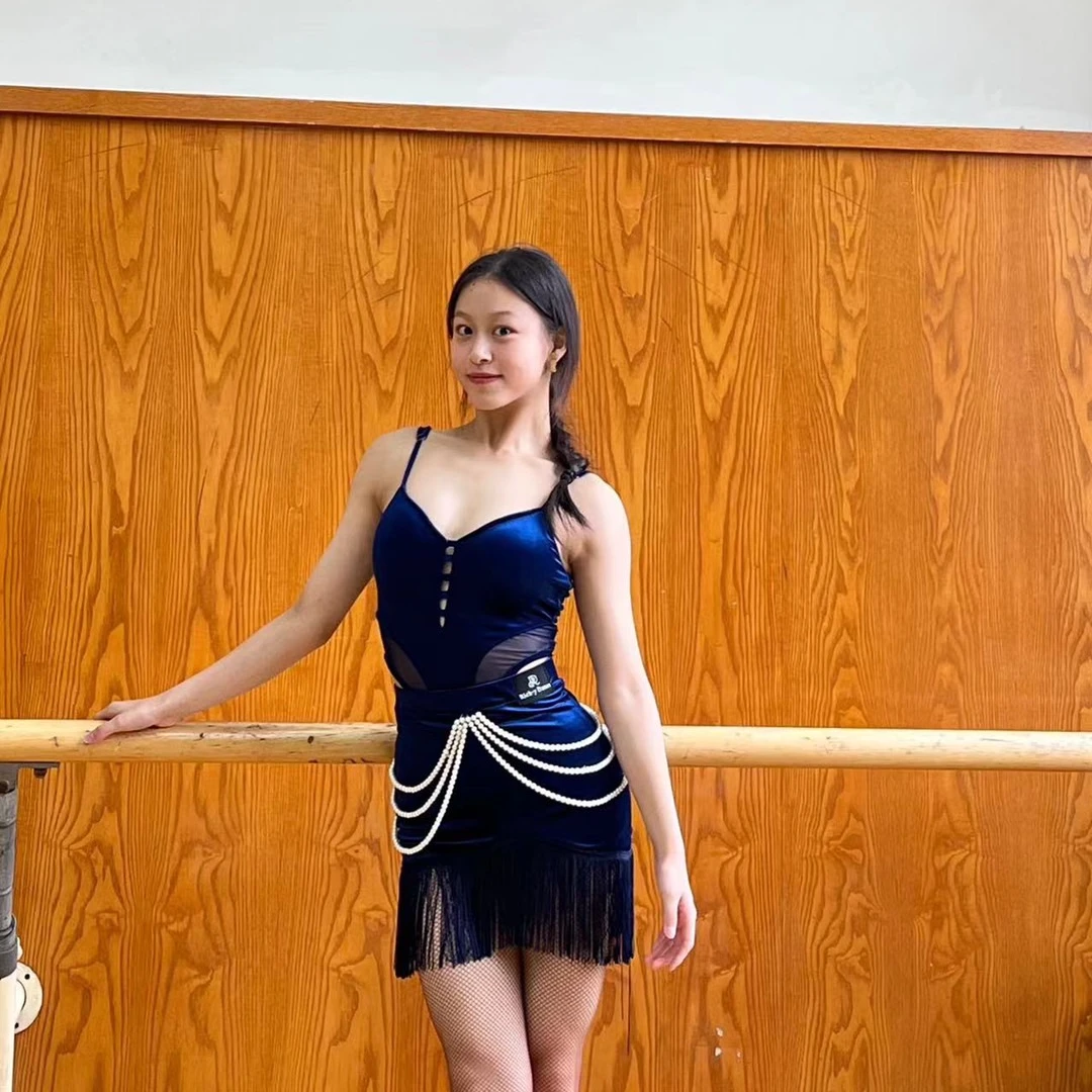 DZ.richy舞服丝绒珍珠系列质感拉丁舞连体裙肩带可调节