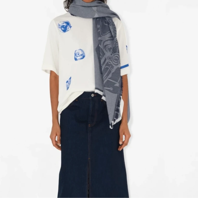 全新未使用 BURBERRY/博柏利 女士蓝灰色羊毛围巾 Wac20044