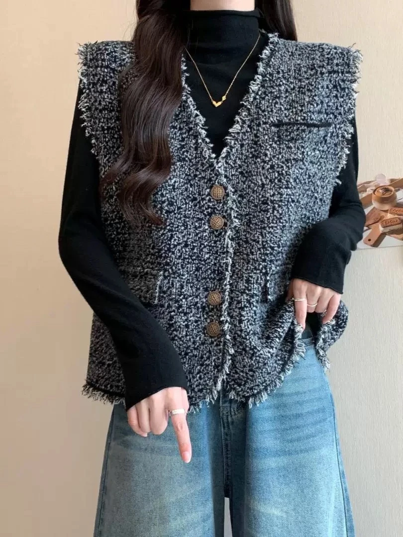 复古小香风马甲女秋冬新款仿水貂绒无袖宽松坎肩背心马夹上衣叠穿