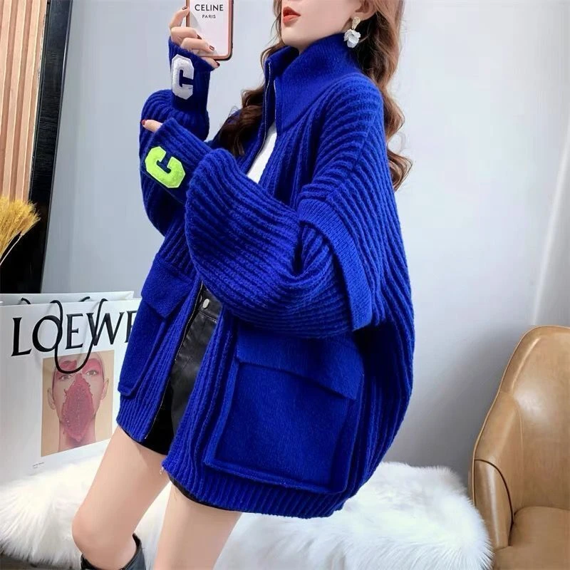 2025春秋冬新款慵懒风加厚立领拉链开衫毛衣女设计感宽松针织外套