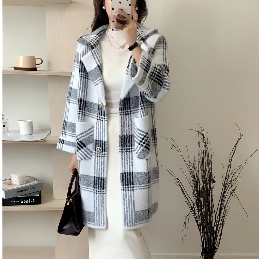 新款格子毛呢外套女2025秋冬西装领中长款宽松大衣加厚呢子开衫衣
