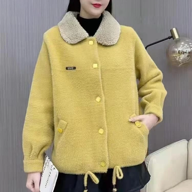 韩版小香风短款外套女秋冬加厚仿水貂绒开衫颗粒拼接毛领宽松百搭