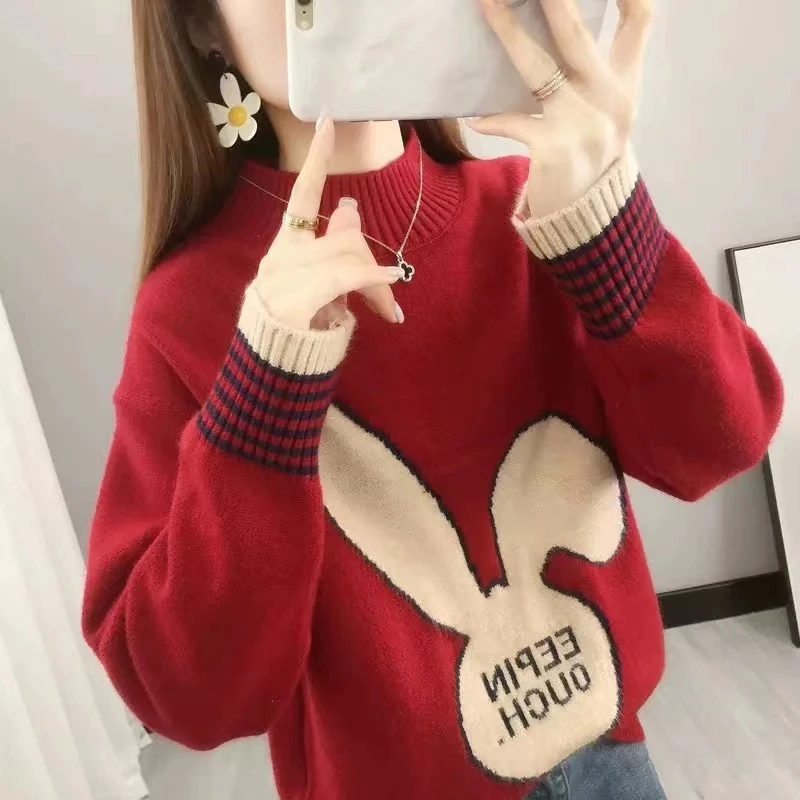 今年流行红色兔子毛衣女秋冬2025新款加绒加厚洋气宽松针织打底衫
