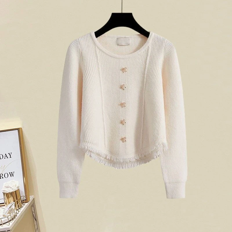 小香风短款圆领针织毛衣女2025春秋新款套头流苏针织衫洋气百搭潮