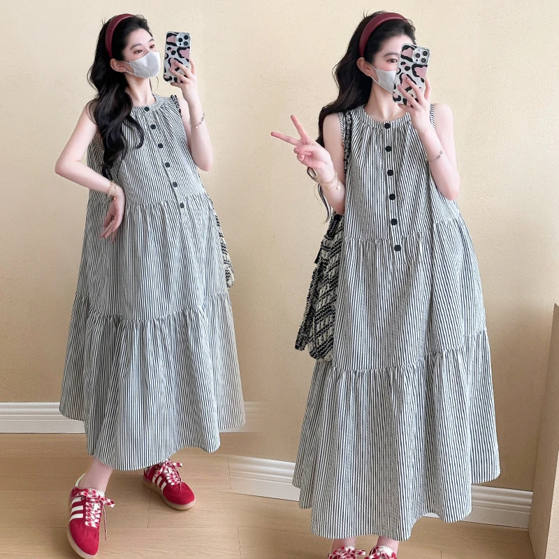 【嗒嗒】新款2024夏季新款韩版休闲可爱条纹背心裙外穿孕妇连衣裙