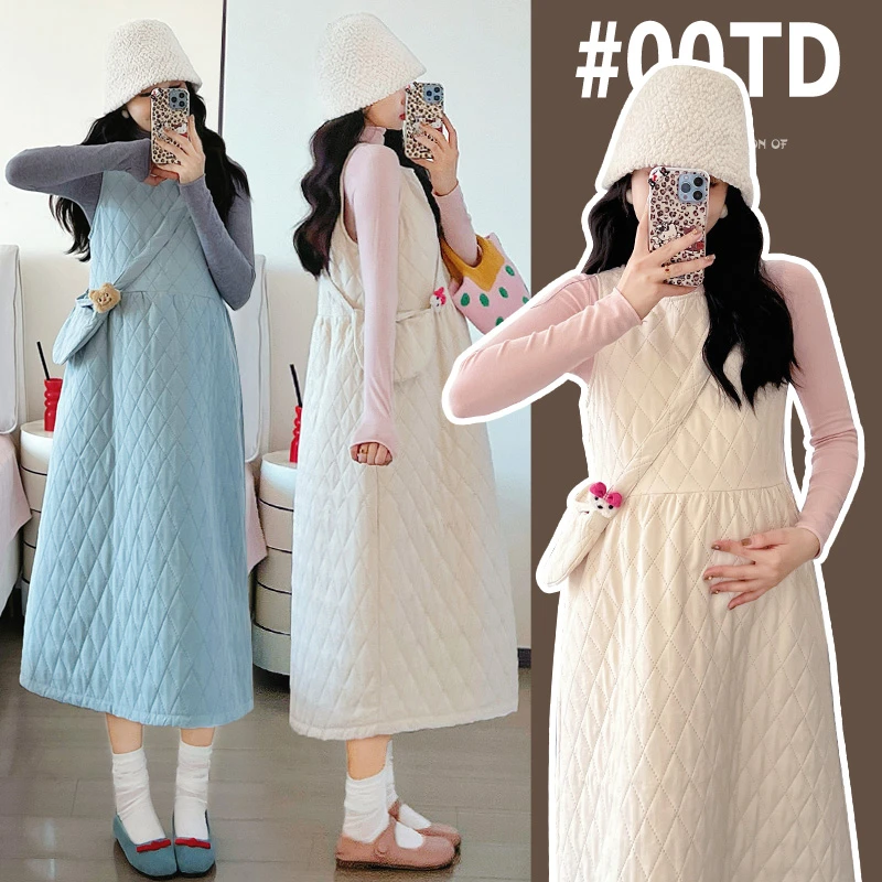 【嗒嗒】秋冬2024新款孕妇连衣裙两加厚夹棉背心裙＋打底衫套装冬季