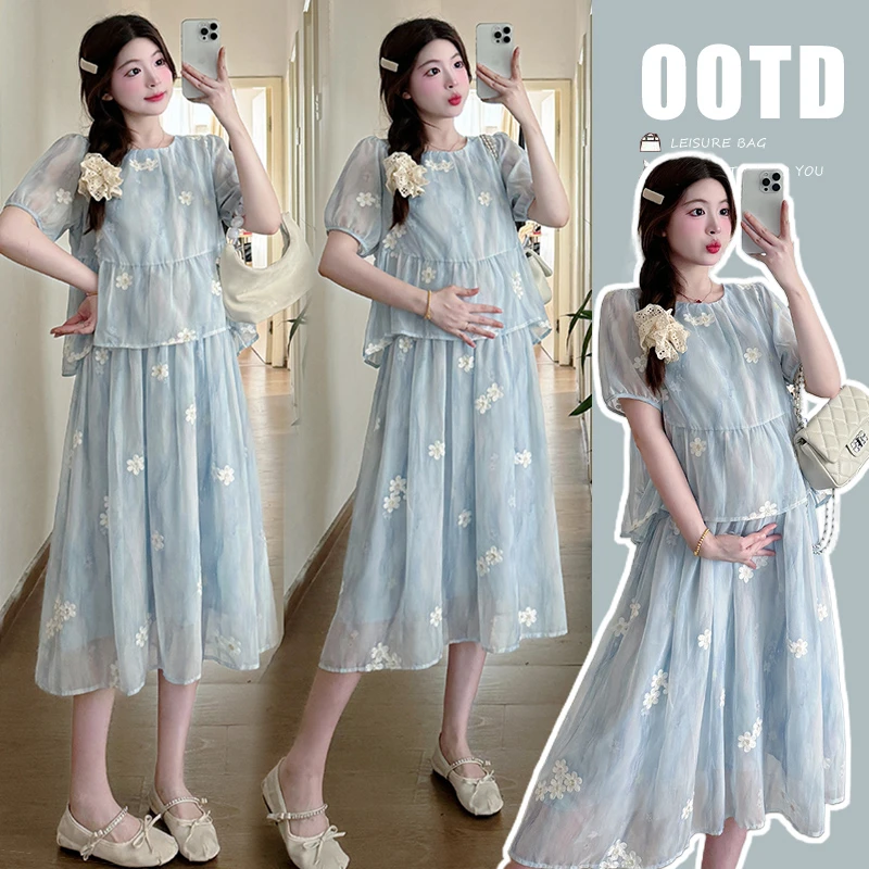 【嗒嗒】2024新款气质夏季设计感假两件拼接短袖宽松孕妇连衣裙