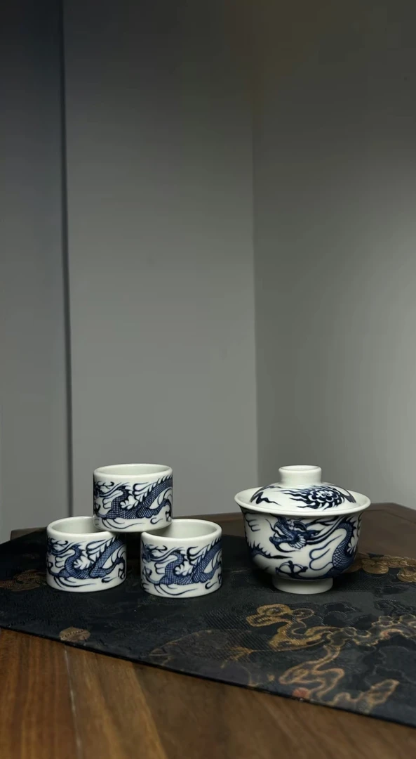 【元古胤造】福利款柴窑青花经典龙纹四件套组元盖碗无升级礼盒