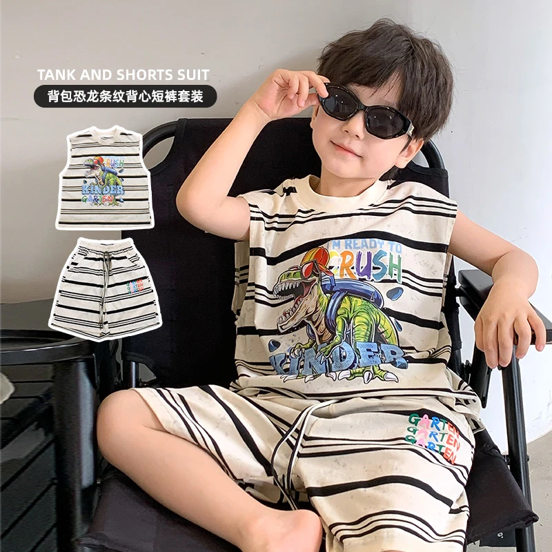 男童纯棉套装背心韩版潮夏季条纹无袖短裤儿童两件套2024新 12293