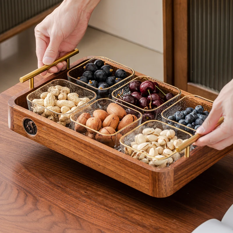 北美黑胡桃木圆角托盘带玻璃碗干果盘水果盘新中式客厅实木果盘