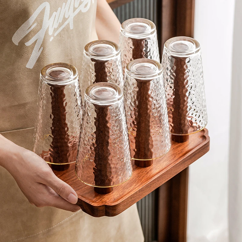 实木沥水杯架搭金边锤纹玻璃杯6件一组防潮防霉不开裂整木组装